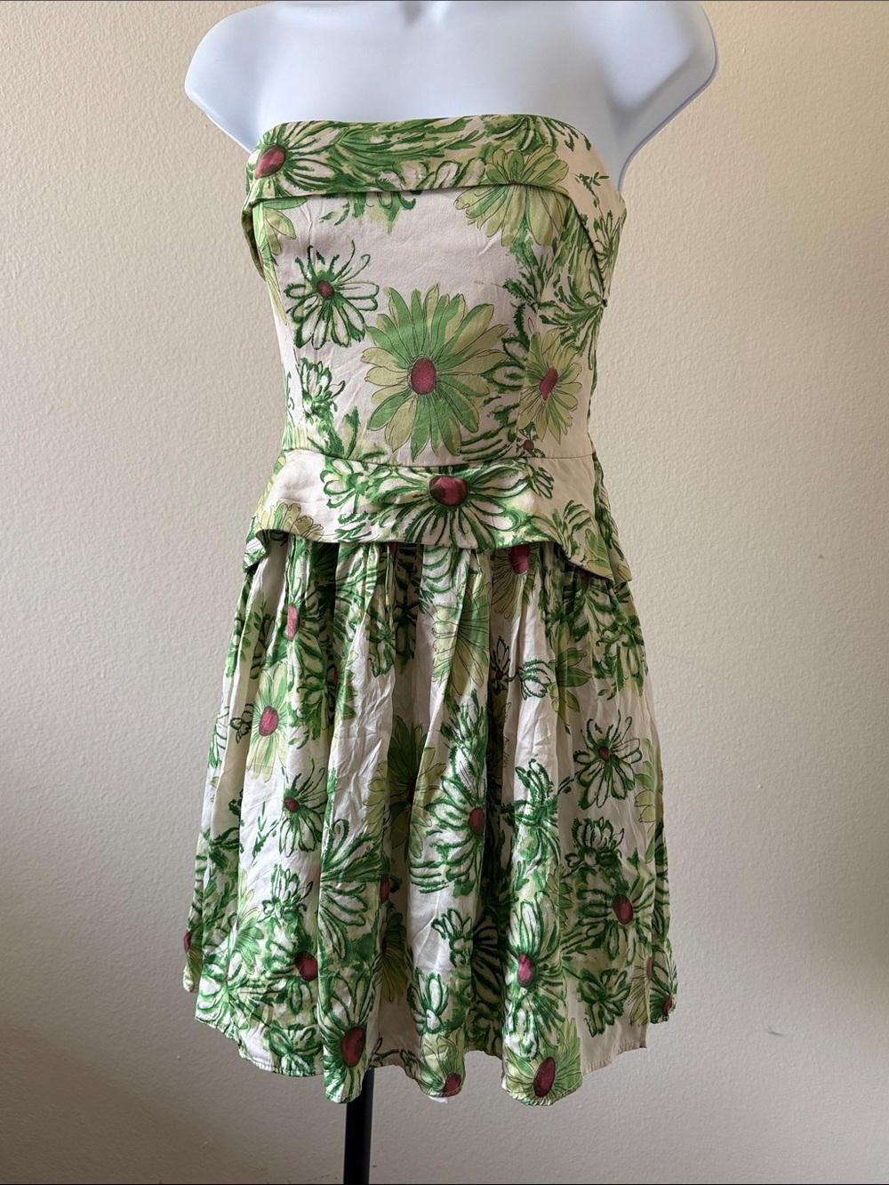 Betsey Johnson Silk Strapless Floral Peplum Dress in Green and Cream